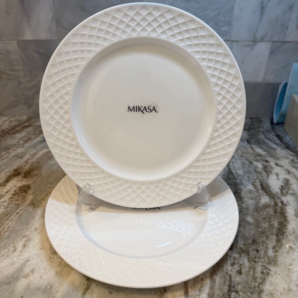 MIKASA Trellis 8.75” Salad Plates 2 White Bone China Elegant Dinnerware New